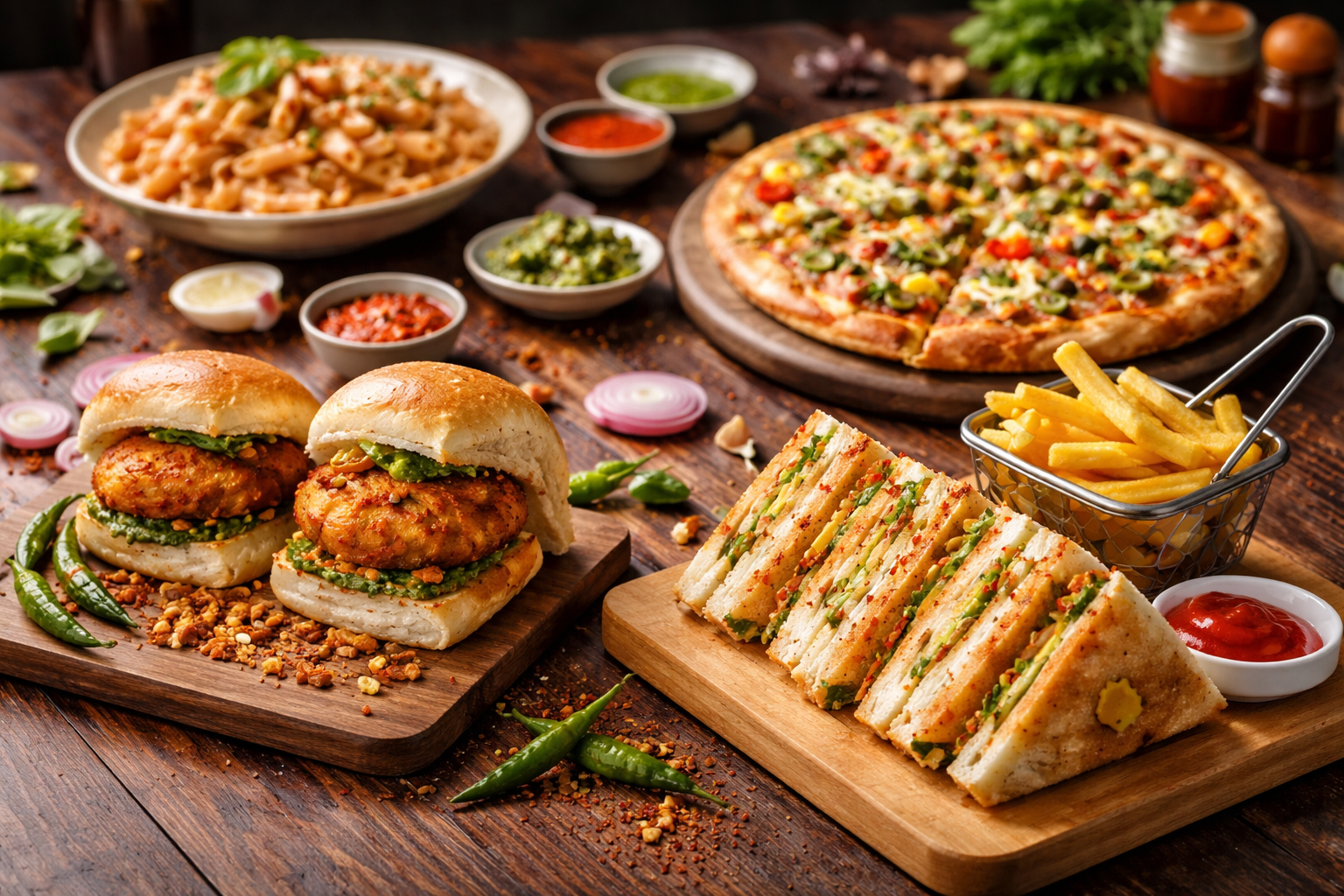 Burgers, sandwiches, pizza and fries